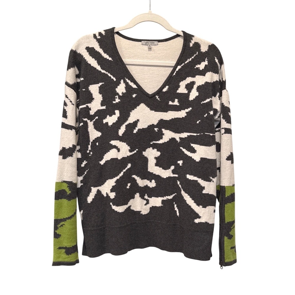 Lisa Todd Abstract Jacquard V-Neck Sweater Cotton Cashmere Zipper Cuff Luxe Sz M